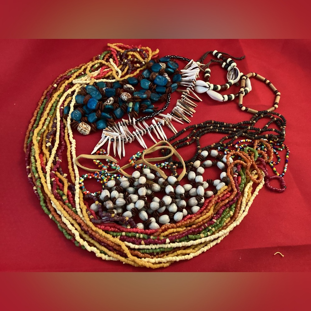 Necklaces and bracelets lot mostly made of wood shells seeds beads
